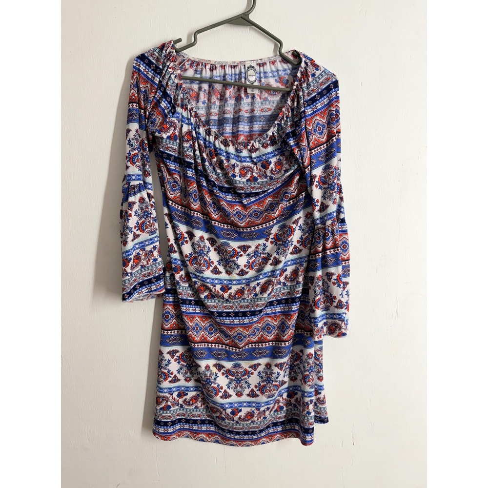 Honeyme Los Angeles Boho Paisley Bell Sleeve Mini Dress Blue Orange Small